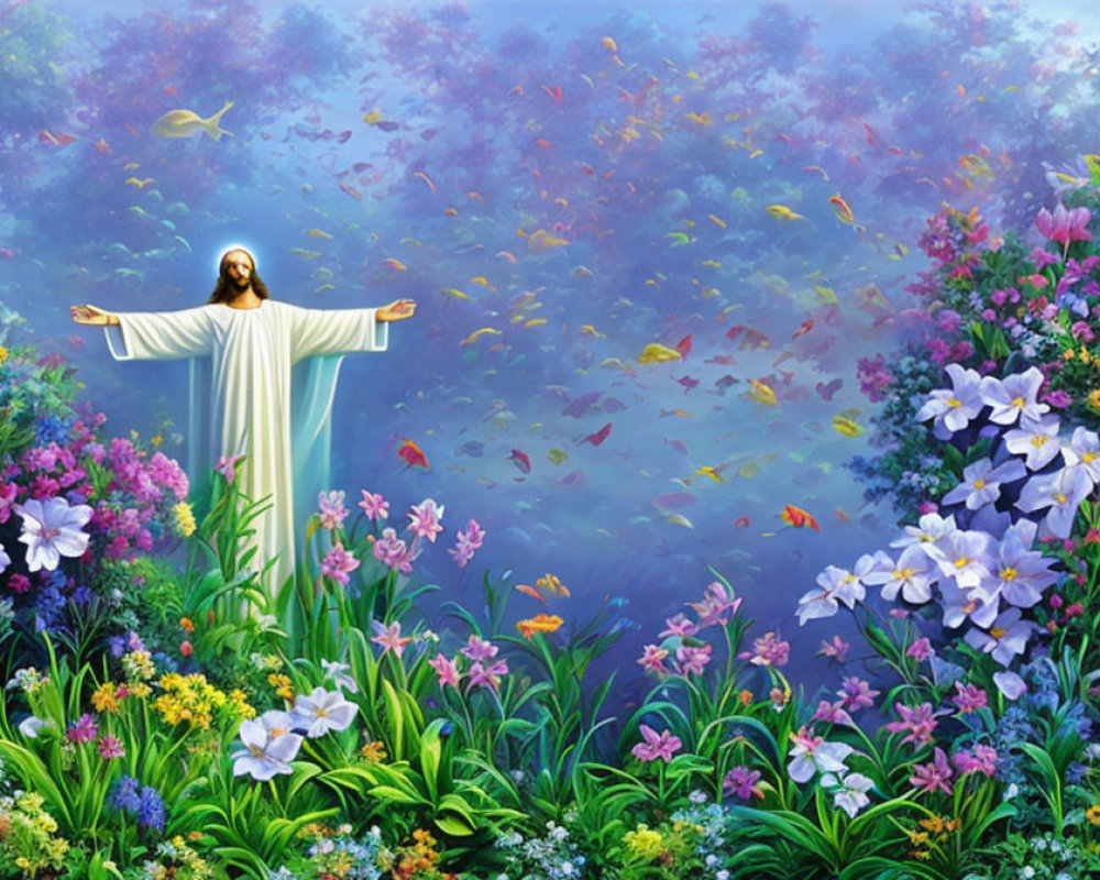 Colorful floral background with Jesus-like figure and fish - Artistic Image