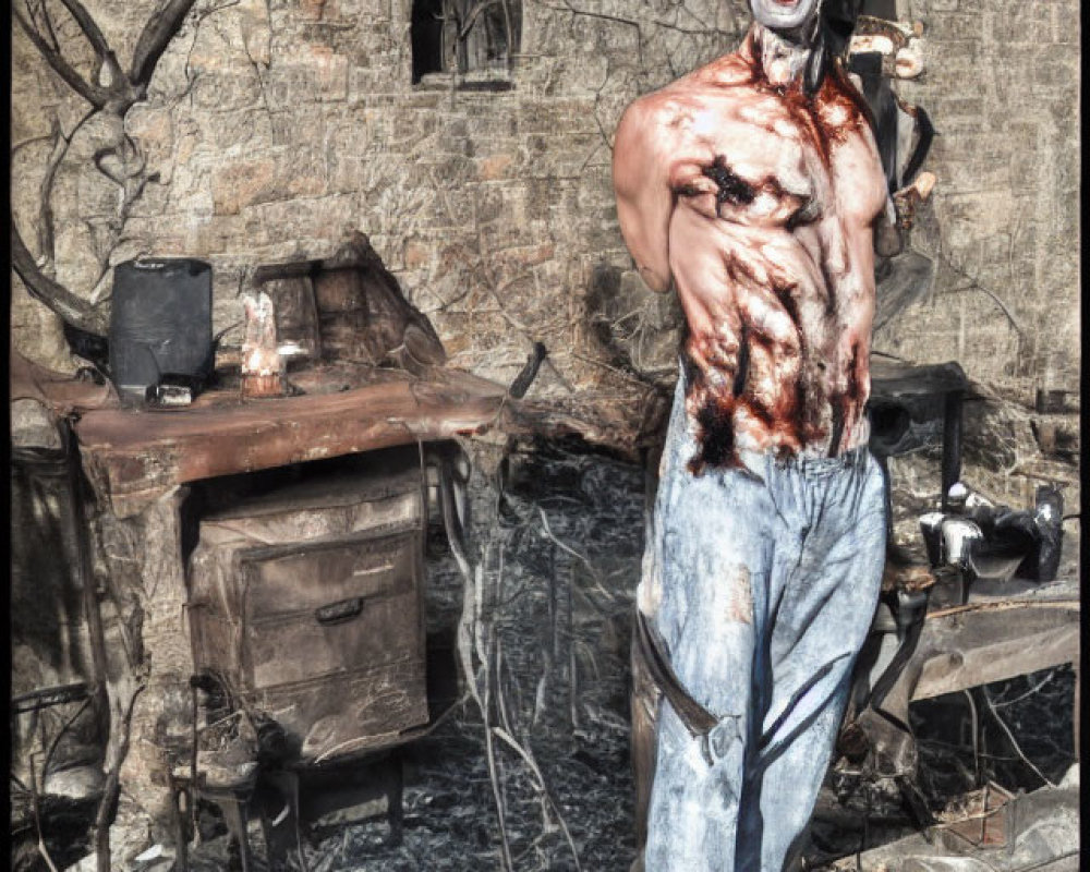 Muscular figure with clown face paint in bleak, abandoned scene.