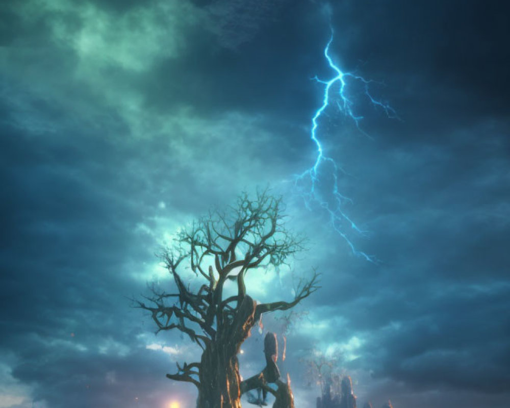 Barren tree in snowy landscape with lightning under greenish sky