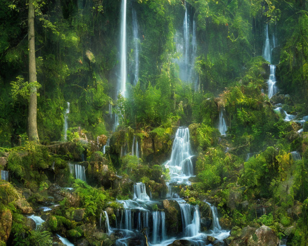 Tranquil multi-tiered waterfall in lush greenery