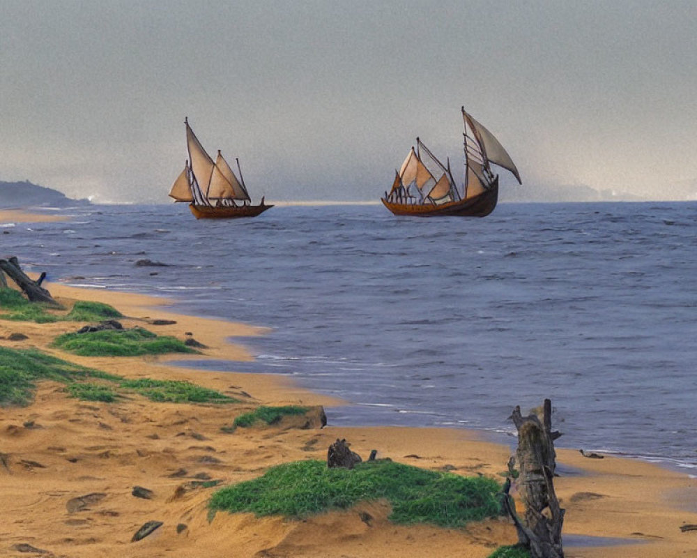 Traditional sailboats on ocean near sandy beach under hazy sky