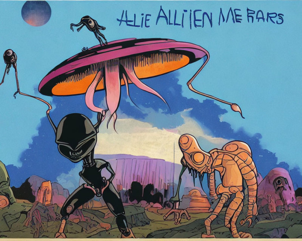 Vibrant alien and UFO artwork in desert setting with skull and quirky text