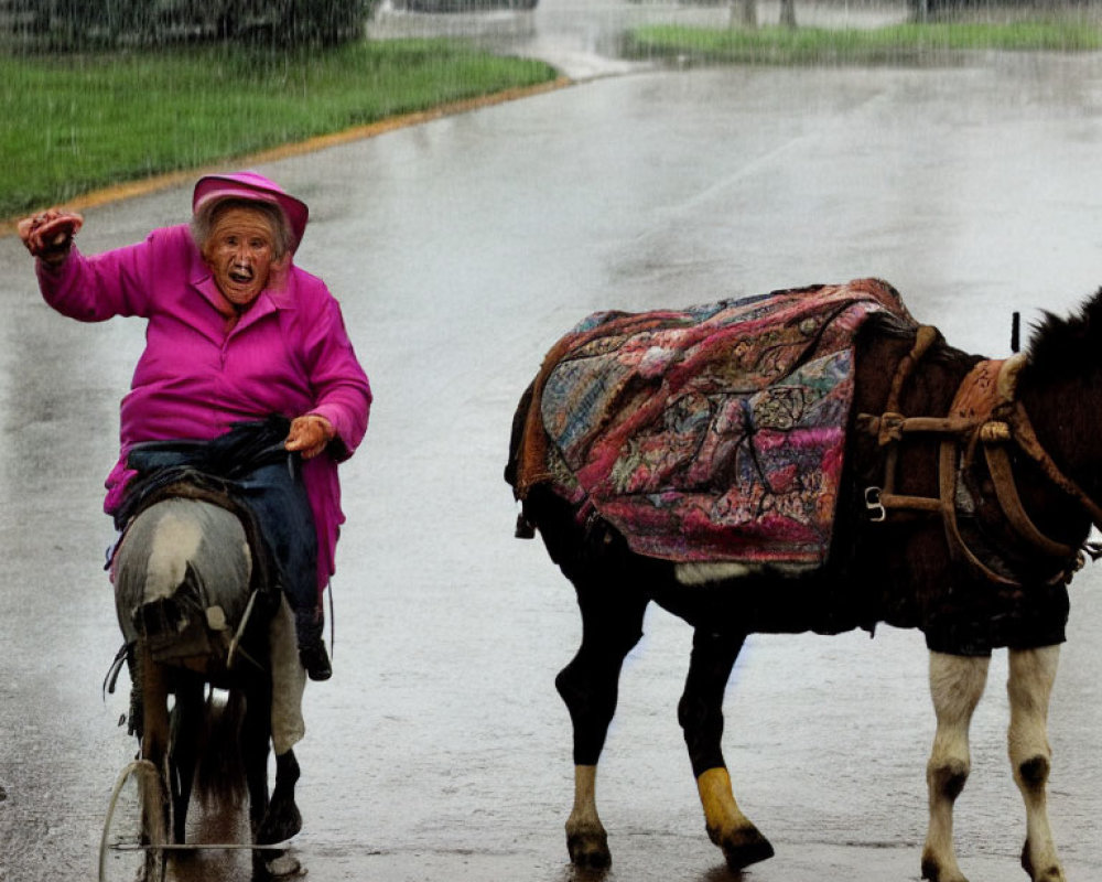 Elderly person in pink jacket riding donkey in rainy street