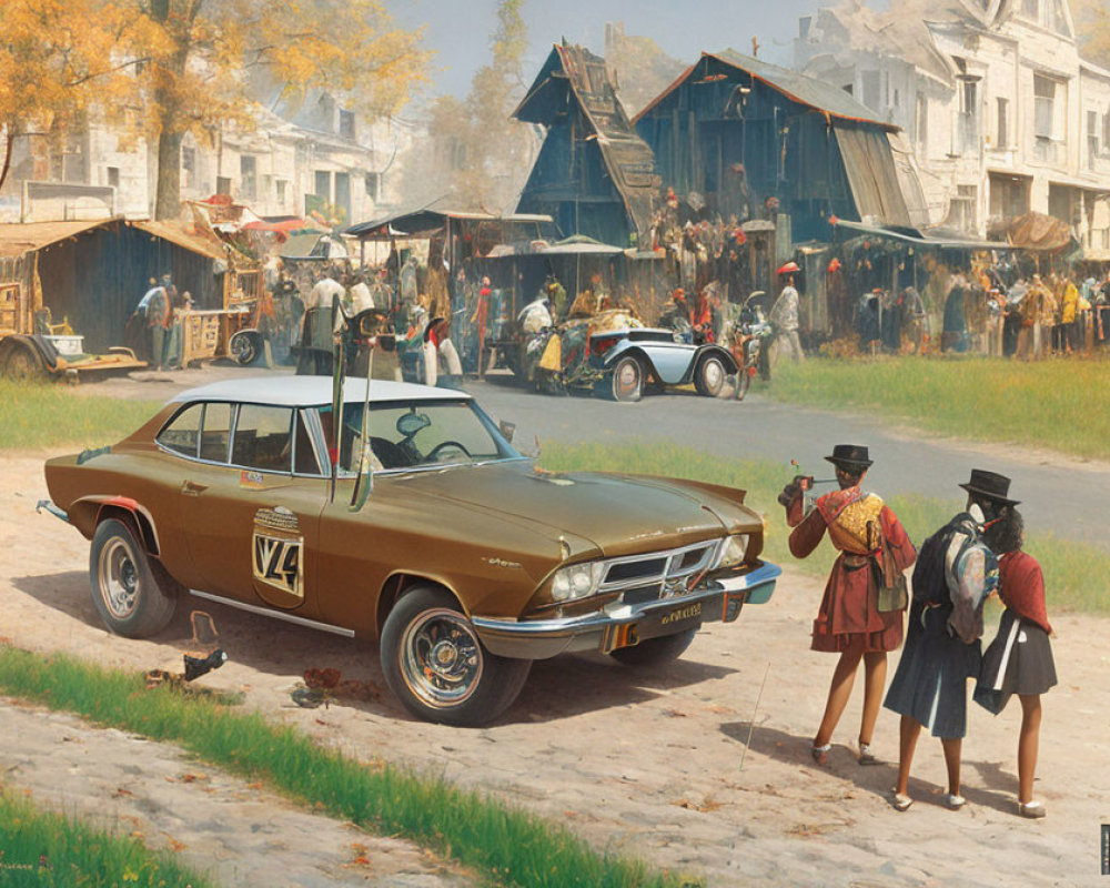 Vintage Brown Car with V4 Emblem in Busy Street Scene