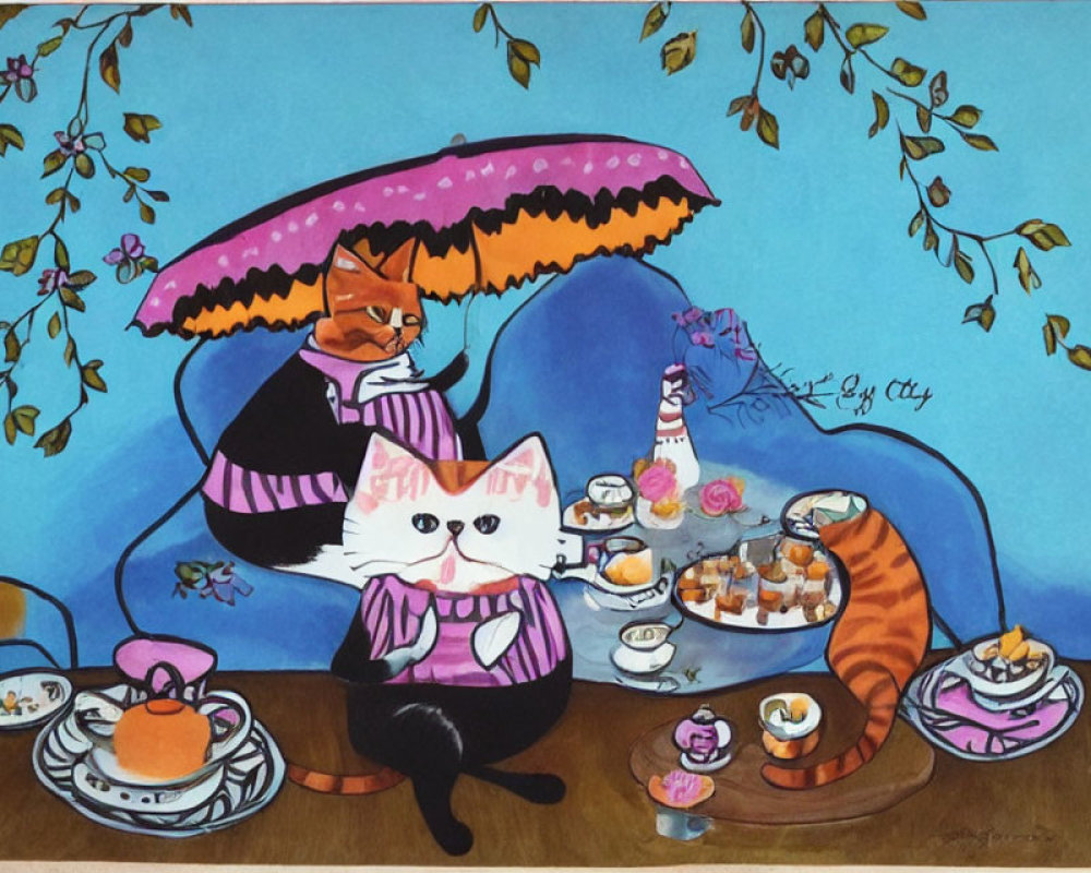 Anthropomorphic cats tea party with pastries and polka-dot umbrella