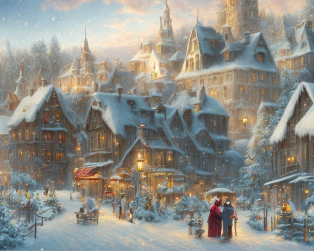 Snow-covered village with warmly lit houses and festive atmosphere