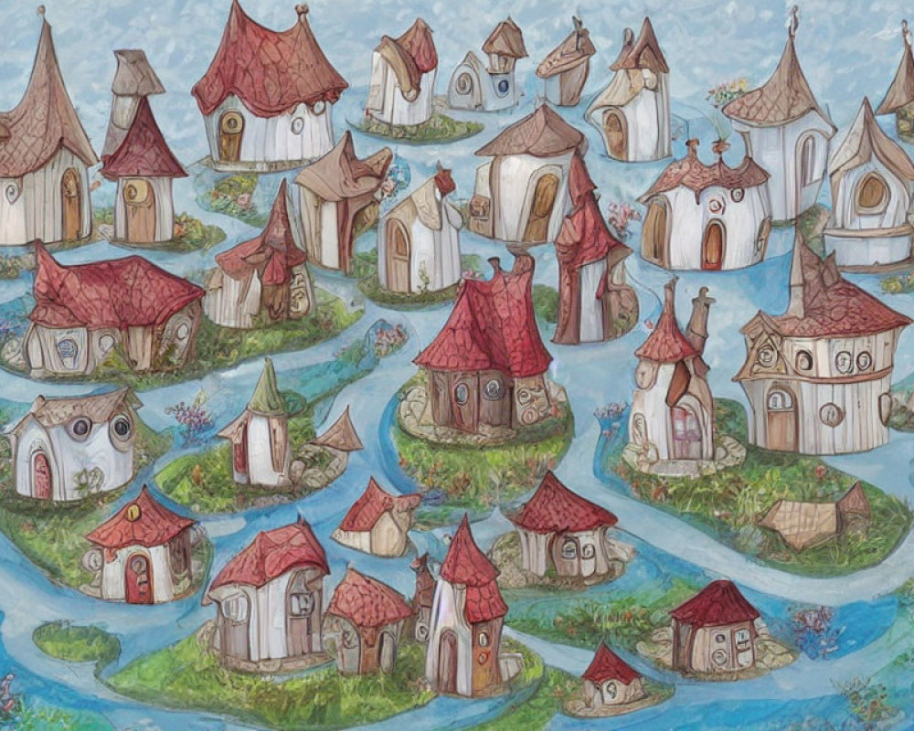 Whimsical Fantasy Village on River with Fairy-Tale Houses