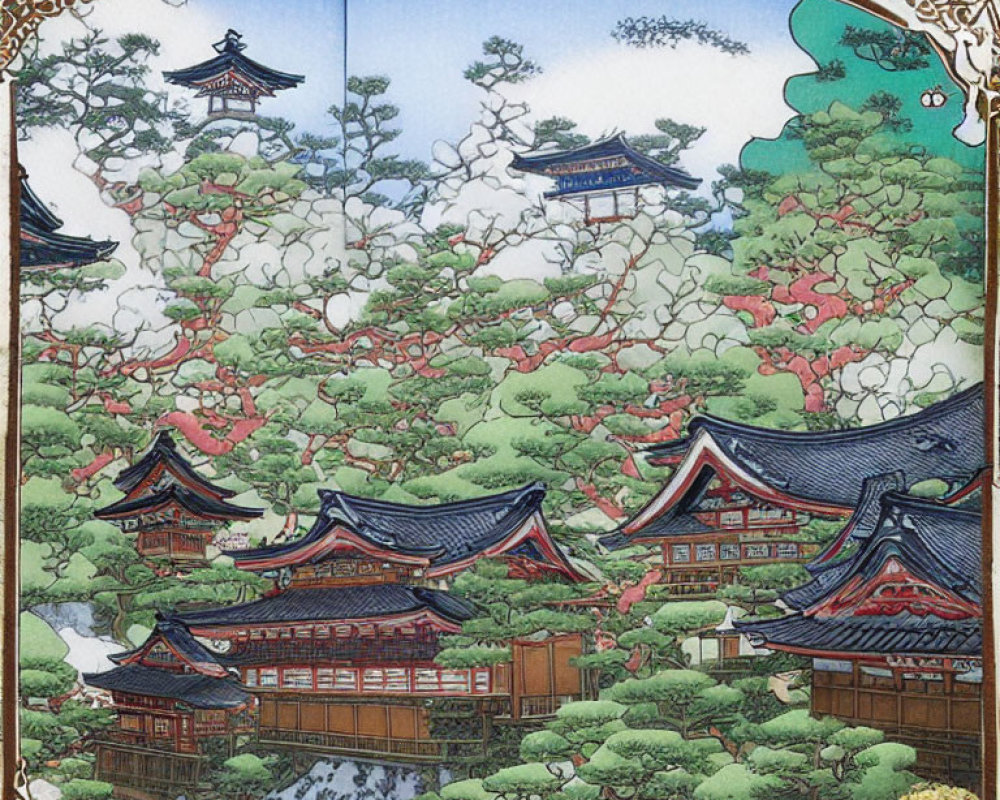 Traditional Japanese scene with pagodas and cherry blossoms in ornate frame