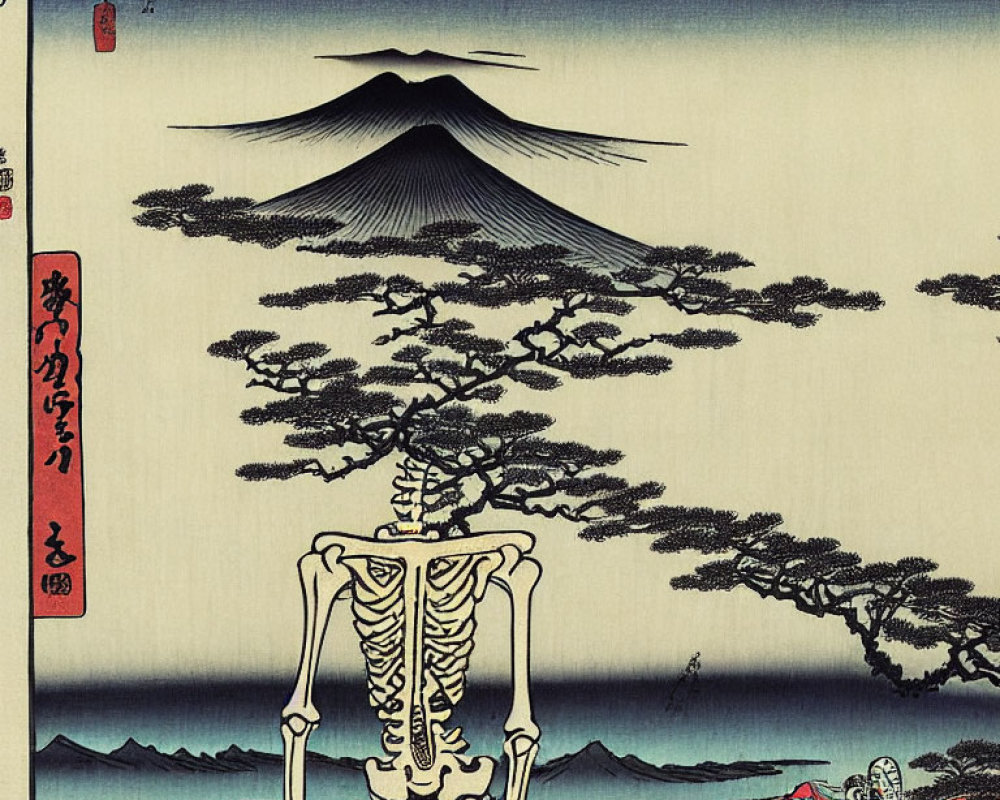 Skeleton and Mount Fuji in Japanese Ukiyo-e Art