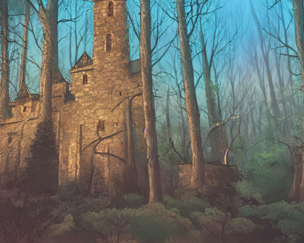 Mystical stone tower and walls in dense forest with fog and light beams