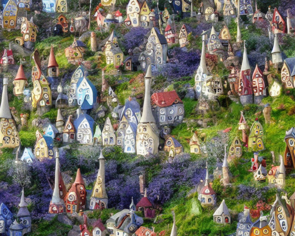 Colorful Whimsical Village with Unique Houses Among Flowering Trees