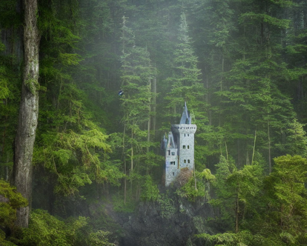 Stone castle in misty forest atop crag with conifers