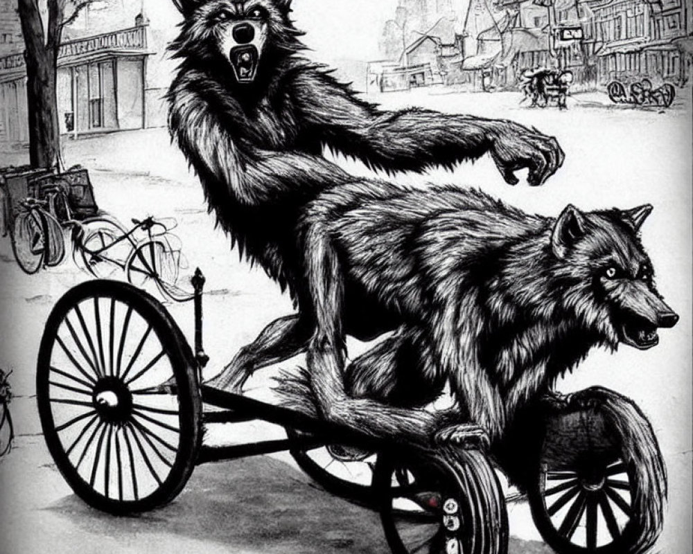 Detailed pencil sketch of aggressive werewolves on a bicycle cart in a cobbled street