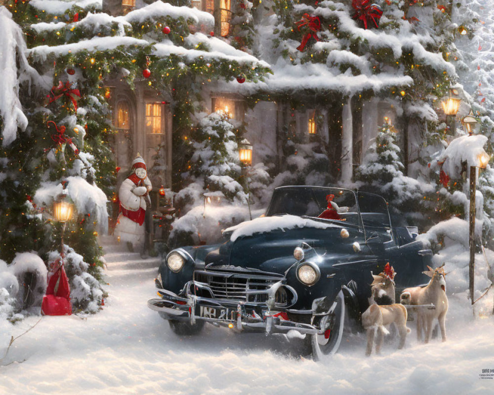 Santa Claus with classic car, snowy Christmas scene, gifts, reindeer, and festive house.