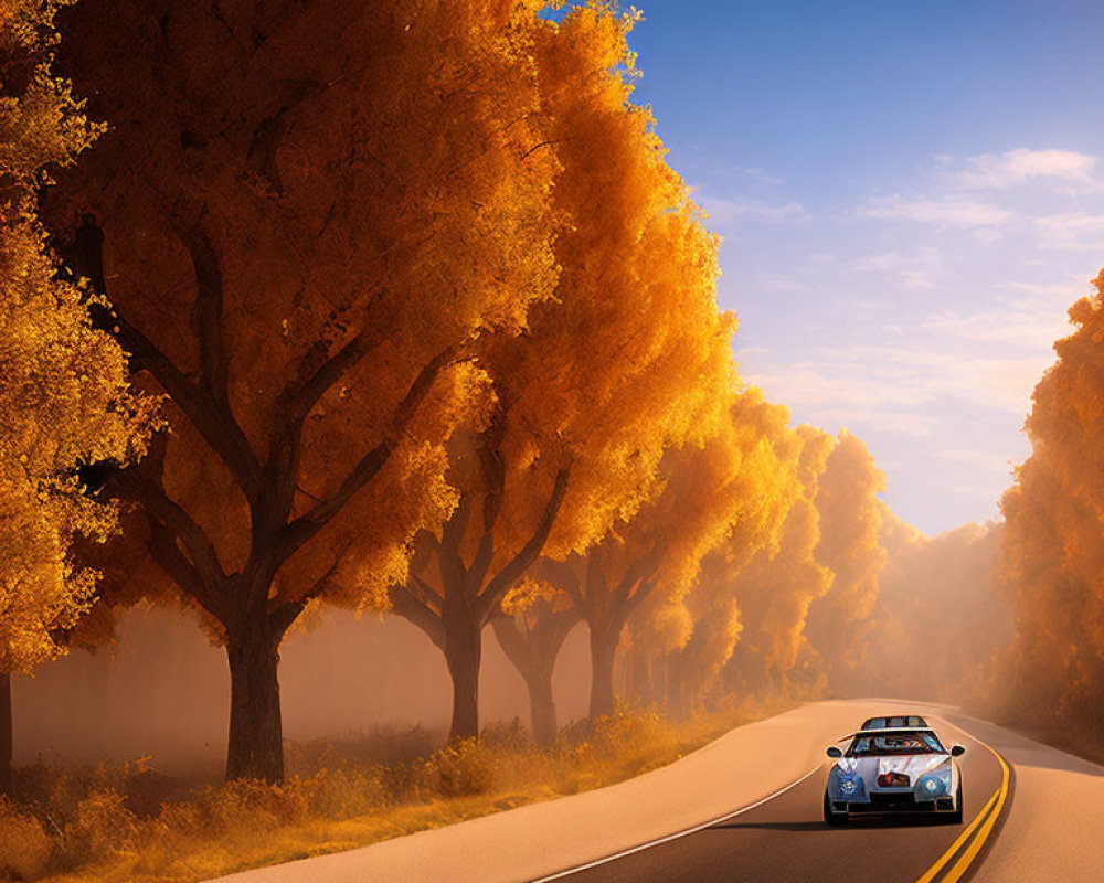 Curving road with golden-yellow trees under hazy sky