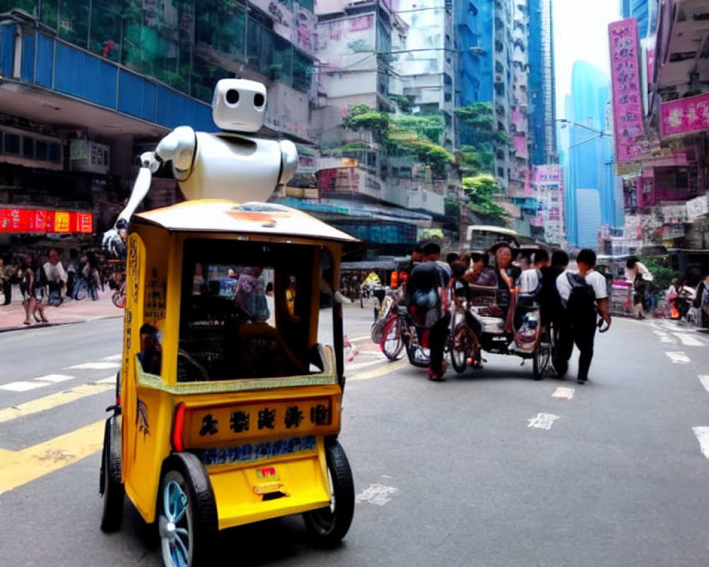 Colorful rickshaw with robot navigating busy urban street