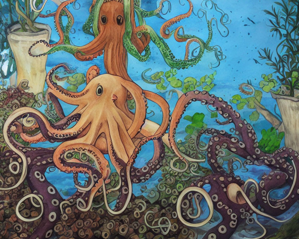 Colorful Octopuses in Whimsical Underwater Scene