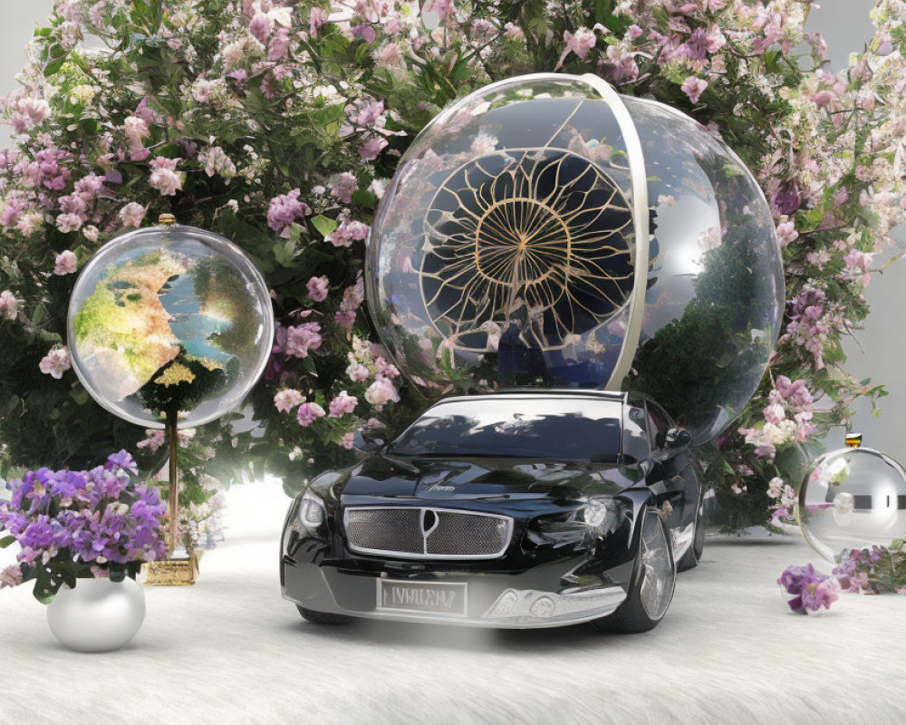 Luxury car parked among lush flowers with globe and spherical structure.