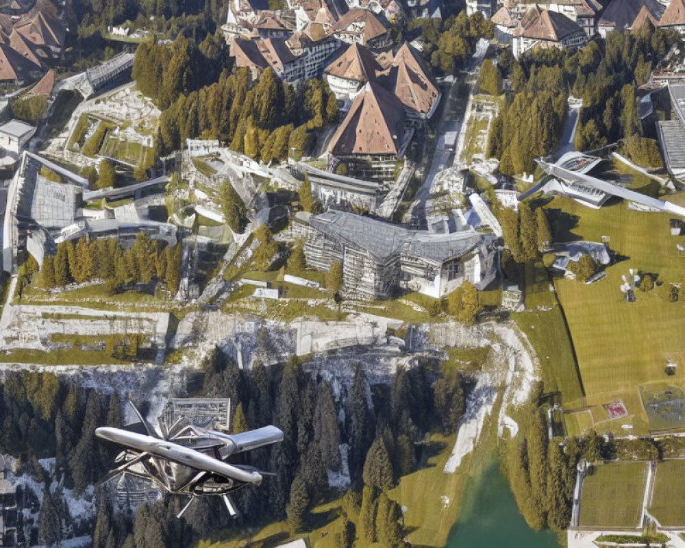 Scenic village with traditional buildings and greenery from aerial view