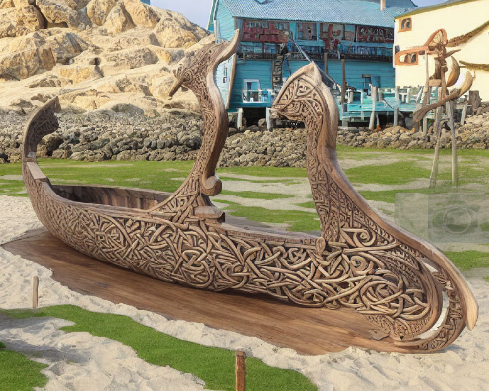 Intricately carved Viking-themed wooden boat on sand with rocks and building.