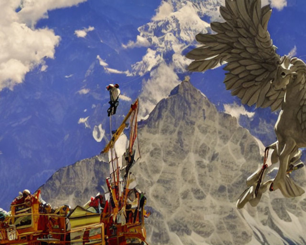 Winged creatures carrying people above mountain landscape with airborne vessel