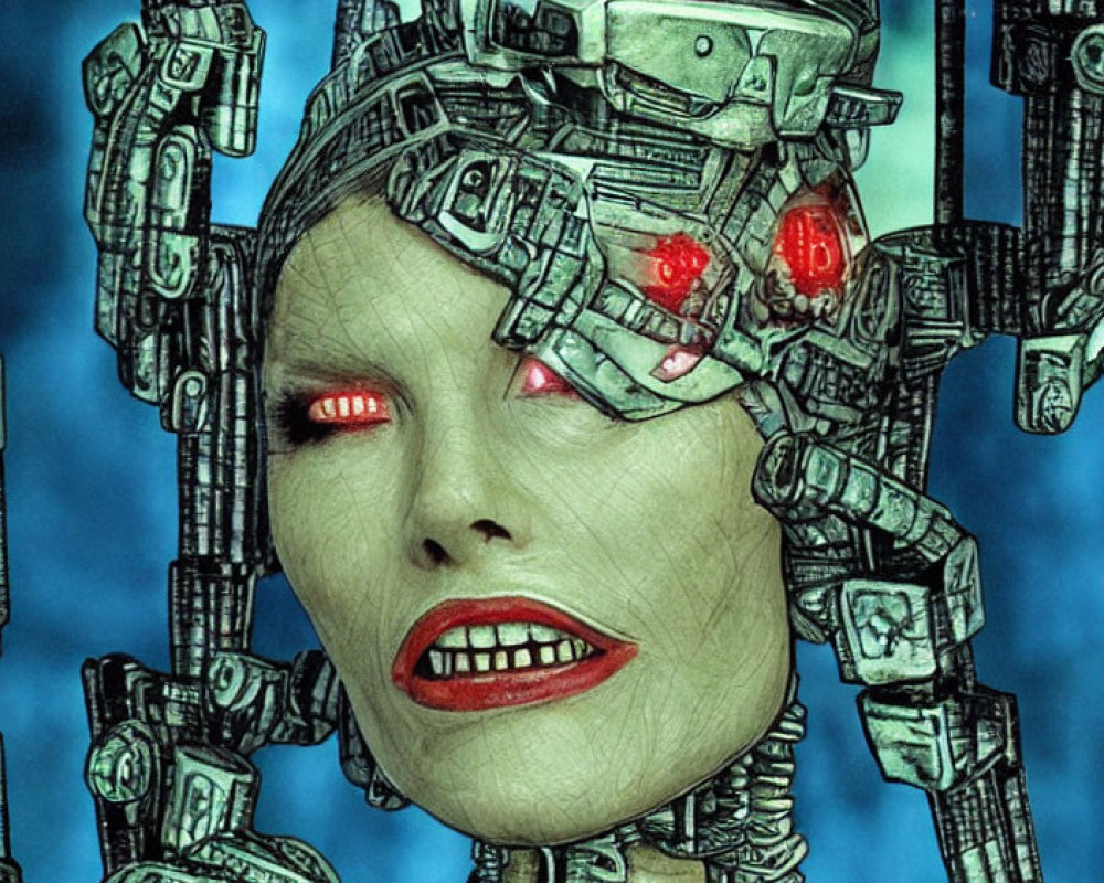 Female cyborg digital artwork with glowing red eyes and intricate mechanical parts.