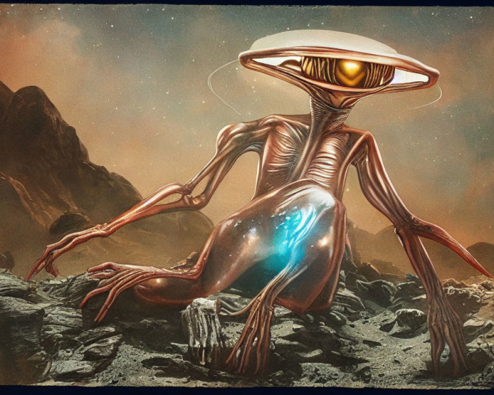 Futuristic alien with large head and glowing eyes on rocky landscape