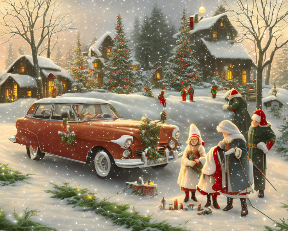 Winter Scene: Snow, Decorated Trees, Vintage Car, Holiday Attire, Gifts, Sleigh