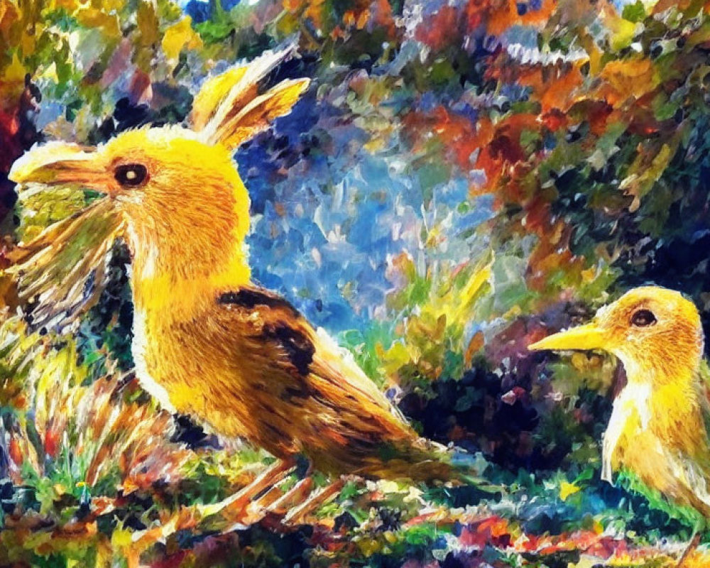 Colorful painting of two birds in vibrant landscape with thick brushstrokes