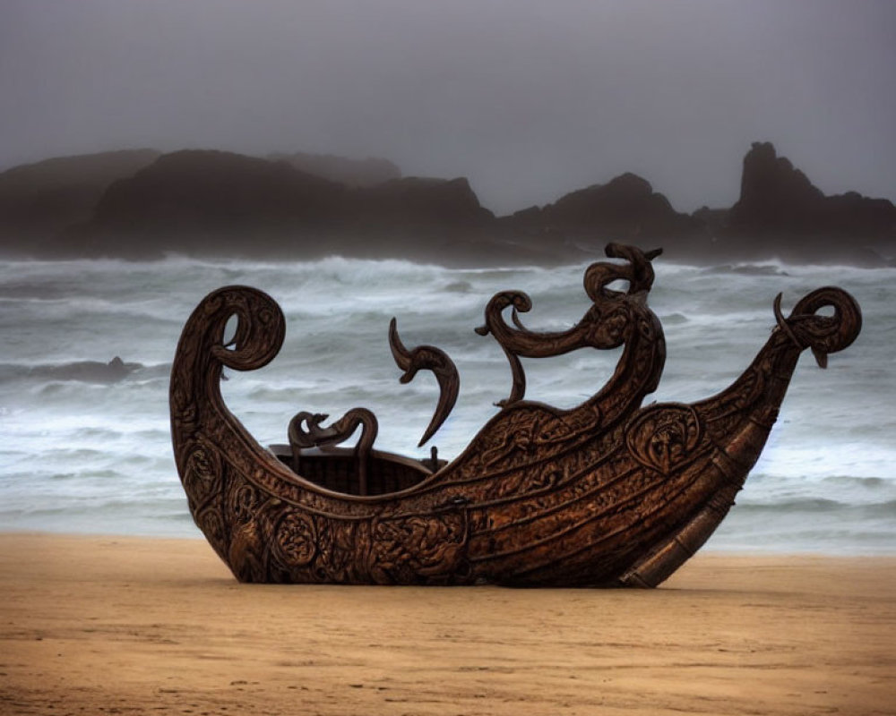 Detailed depiction of Viking longship on sandy beach with fog and rocks