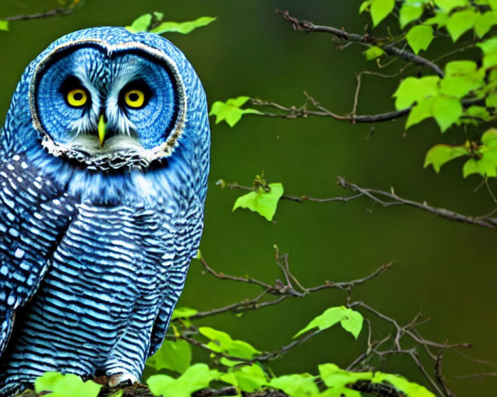 Vivid blue owl with yellow eyes on branch among green leaves