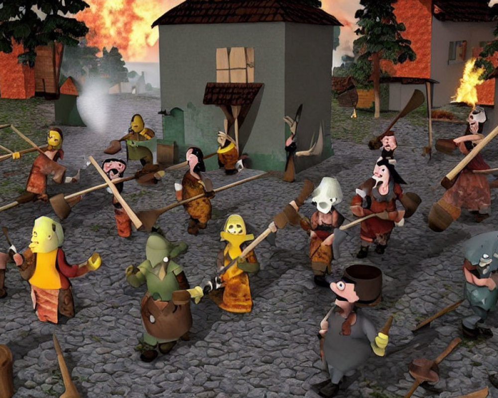 Chaotic scene of animated villagers with torches and tools