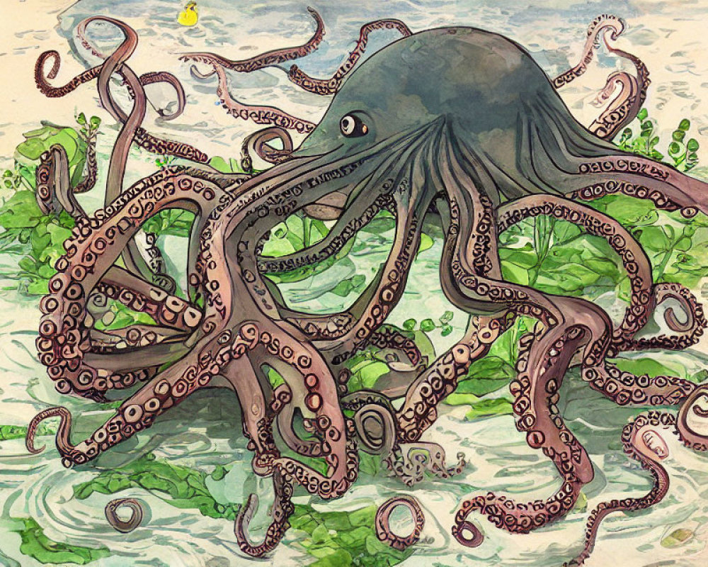 Detailed Octopus Illustration Among Green Seaweed with Yellow Fish