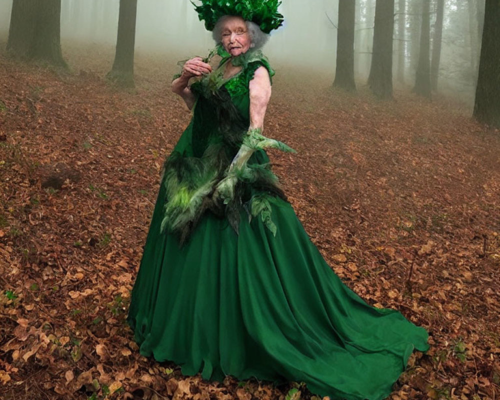 Elderly woman in green dress with leafy adornments in foggy forest