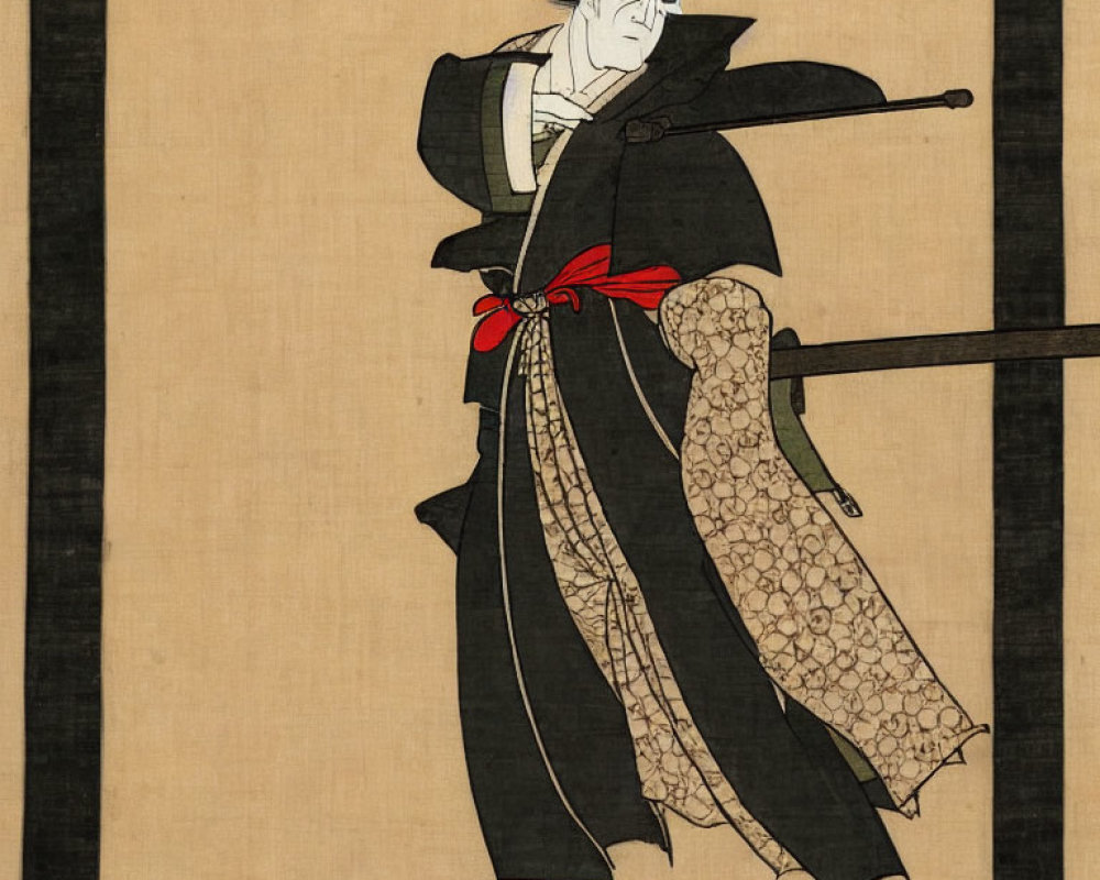 Traditional Japanese woodblock print: Kabuki actor in dramatic pose with sword, wearing kimono and red