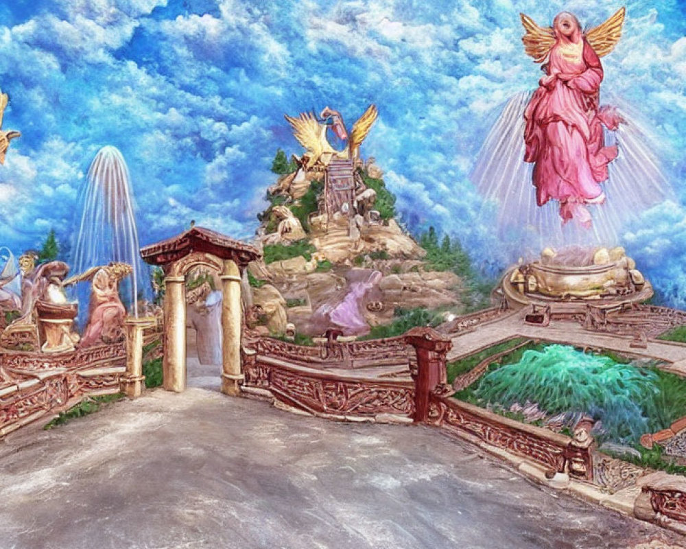 Fantastical landscape with angels, ornate bridge, and waterfall