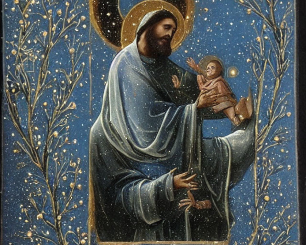 Icon of Saint Joseph holding infant Jesus in blue robes, set against starry night with golden halo.