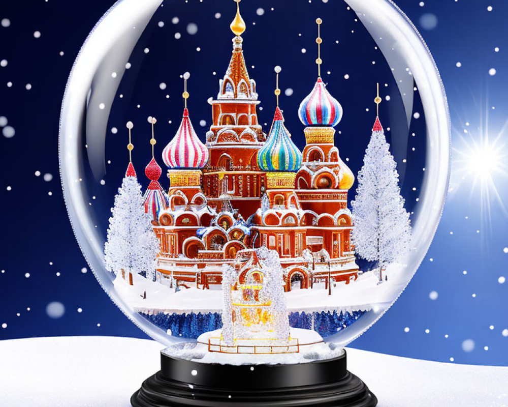 Snow globe with Saint Basil's Cathedral miniature and falling snowflakes on starry night sky