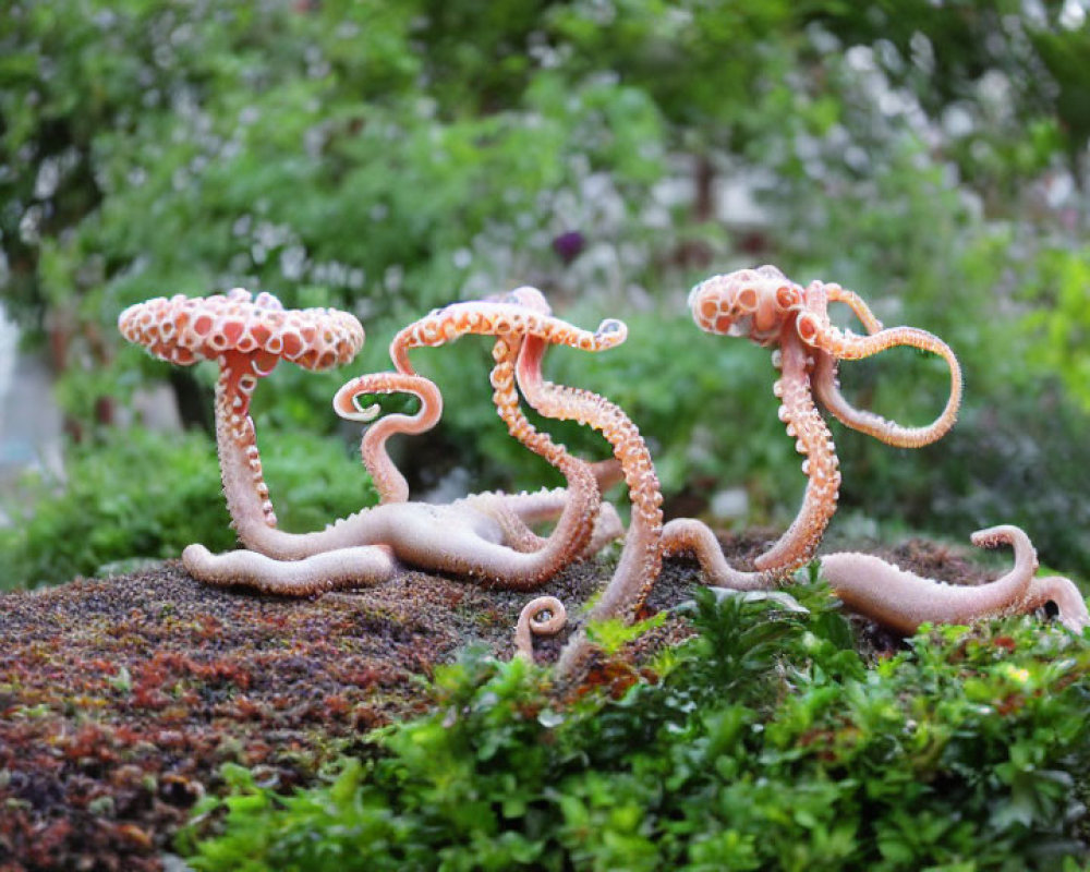 Realistic octopus sculptures with detailed suction cups on mossy surface.