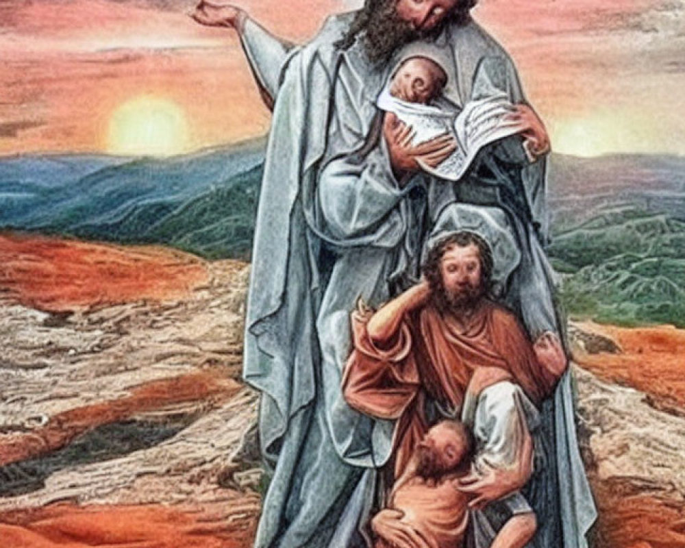 Religious artwork: Jesus with halo embracing two individuals at sunrise