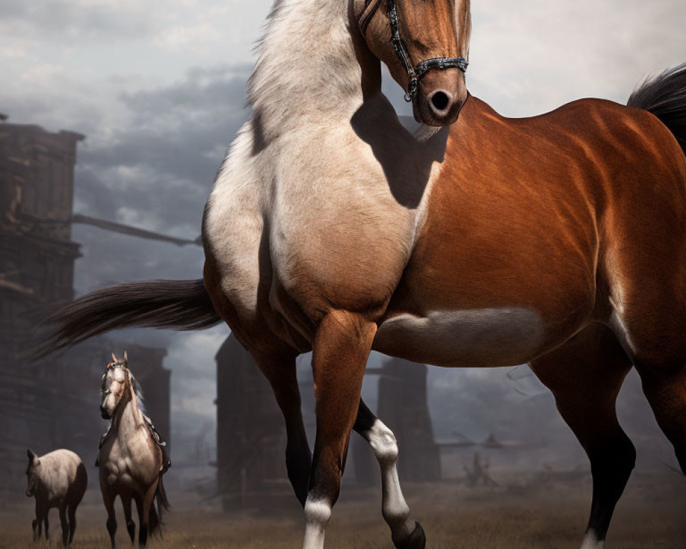 Brown and White Horse in Field with Dilapidated Buildings under Cloudy Sky