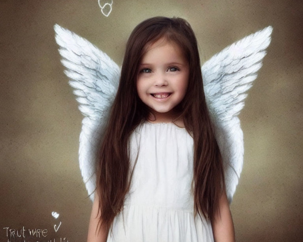 Young girl in white dress with angel wings and pencil annotations on soft background