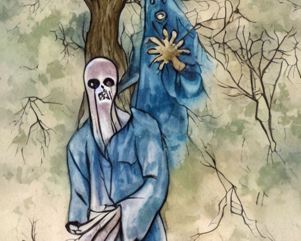 Eerie watercolor painting of skeletal figure and ghostly entity in desolate landscape