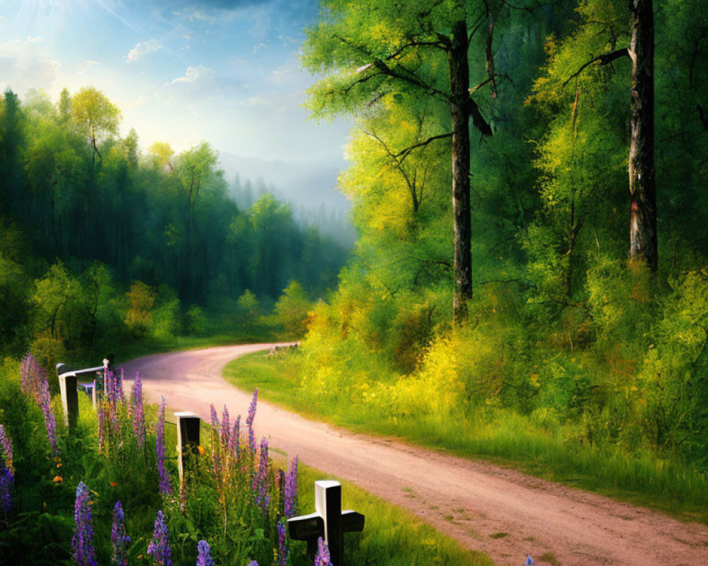 Tranquil forest road with crosses, green trees, sunlight, and wildflowers