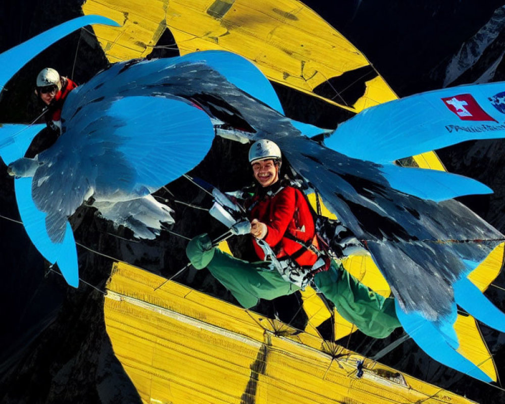 Person in Climbing Gear Smiling on Wall with Wings Graphic