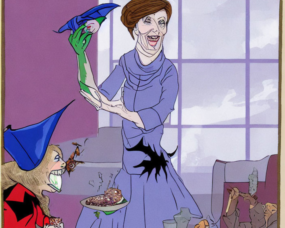 Colorful illustration of woman with green creature, witch, and ghoul at card table in purple room