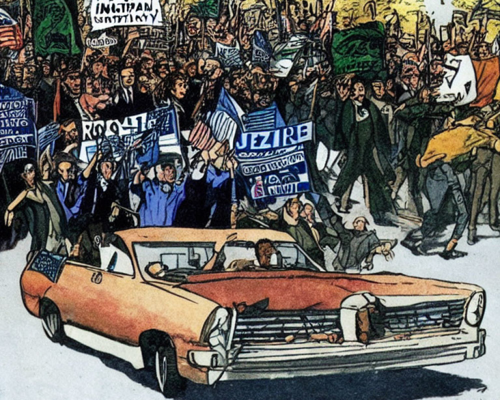Illustration of vintage car in political protest rally