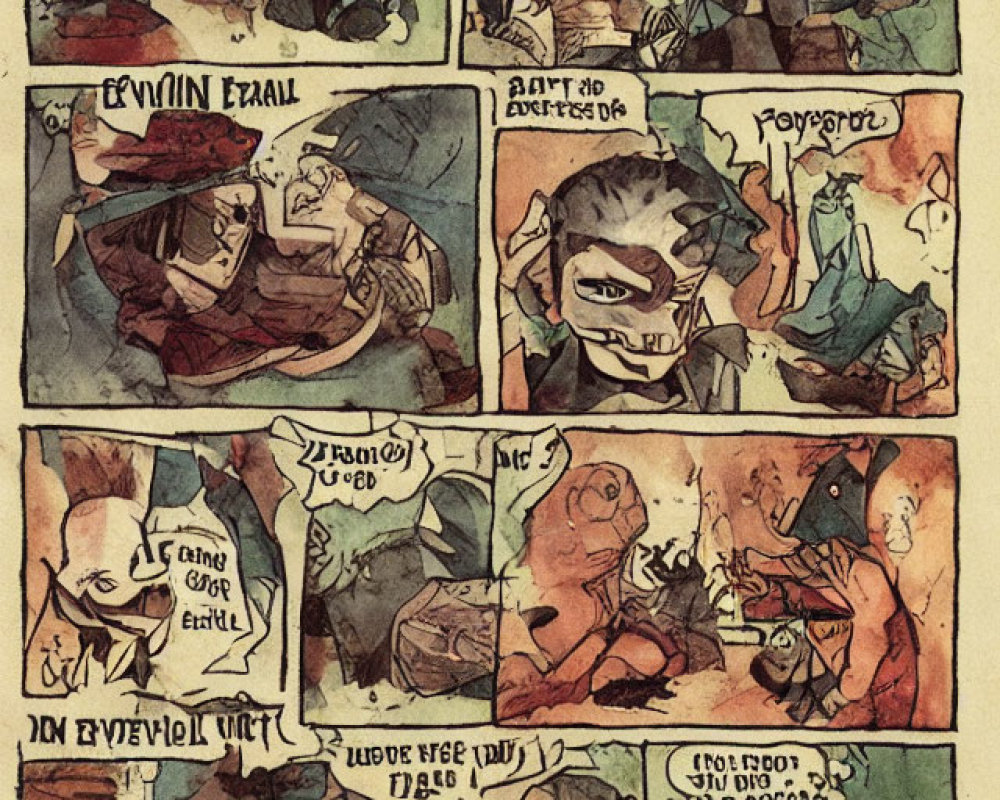 Vintage-style comic strip: fantasy characters in warm tones, dynamic layout.