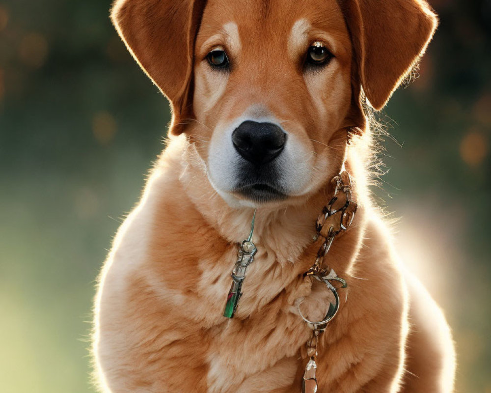 Brown dog with soulful expression wearing collar on green background