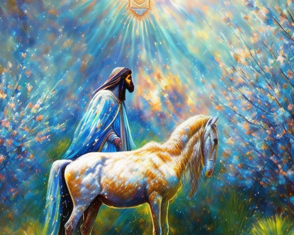 Figure in Blue Cloak Stands with White Horse in Sunlit Scene